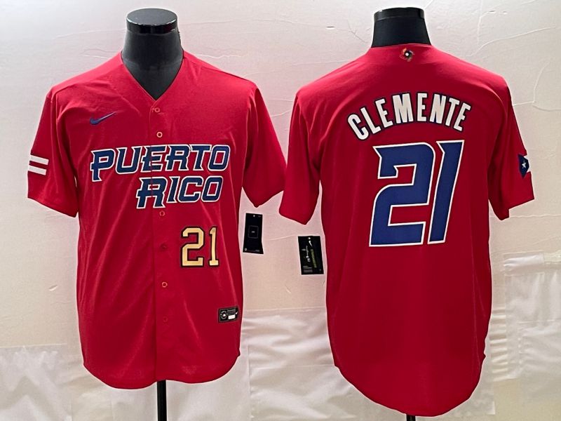 Men 2023 World Cub Puerto Rico 21 Clemente Red Nike MLB Jersey5